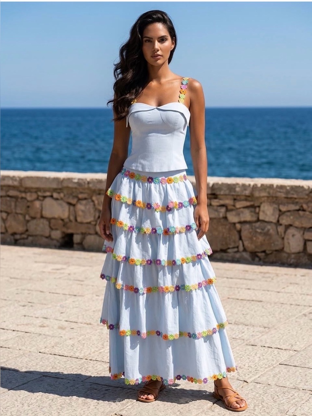 Light Blue Tiered Maxi Skirt with Multicolor Floral Trim